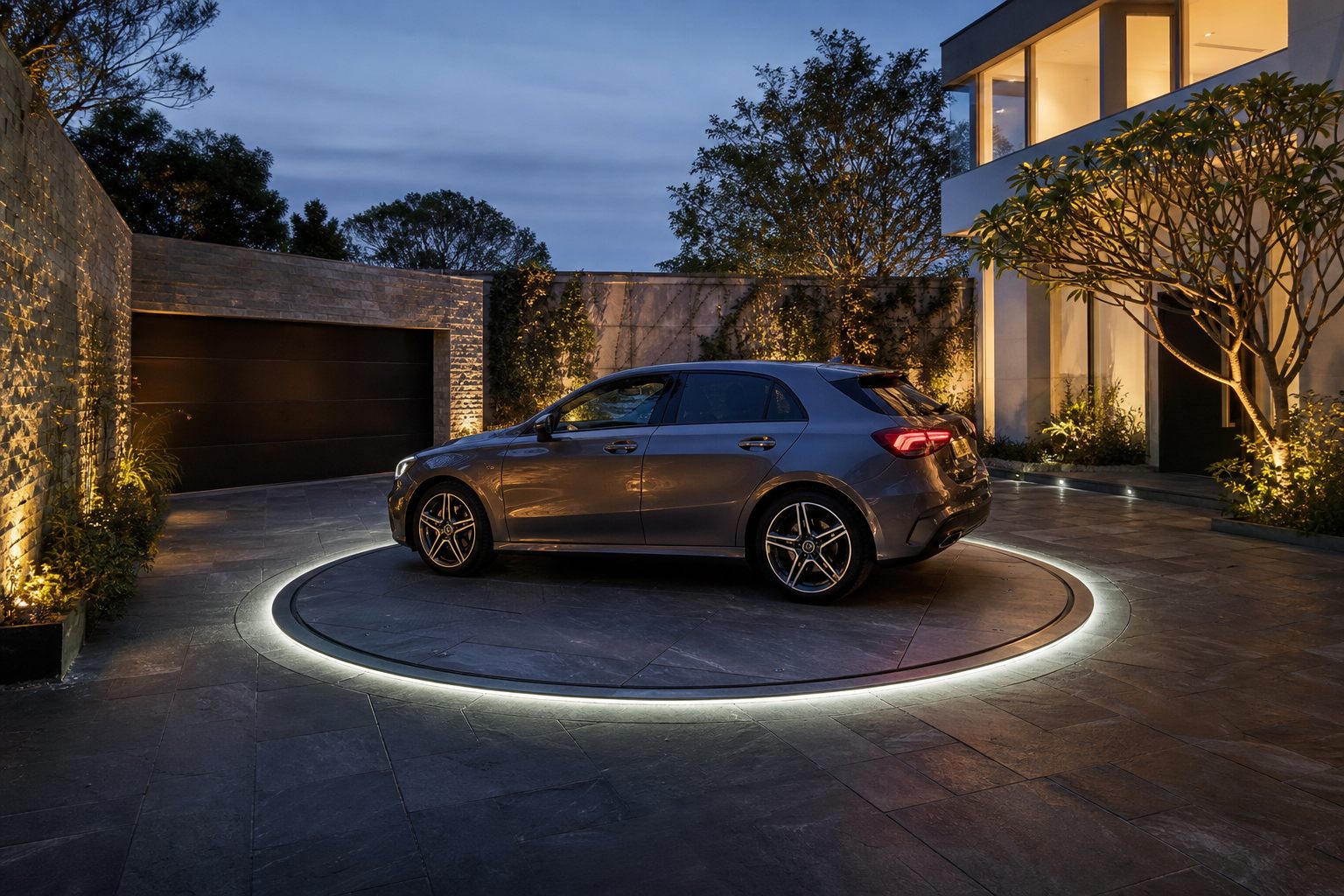 Outdoor courtyard driveway turntable with subtle LED edge lighting at dusk