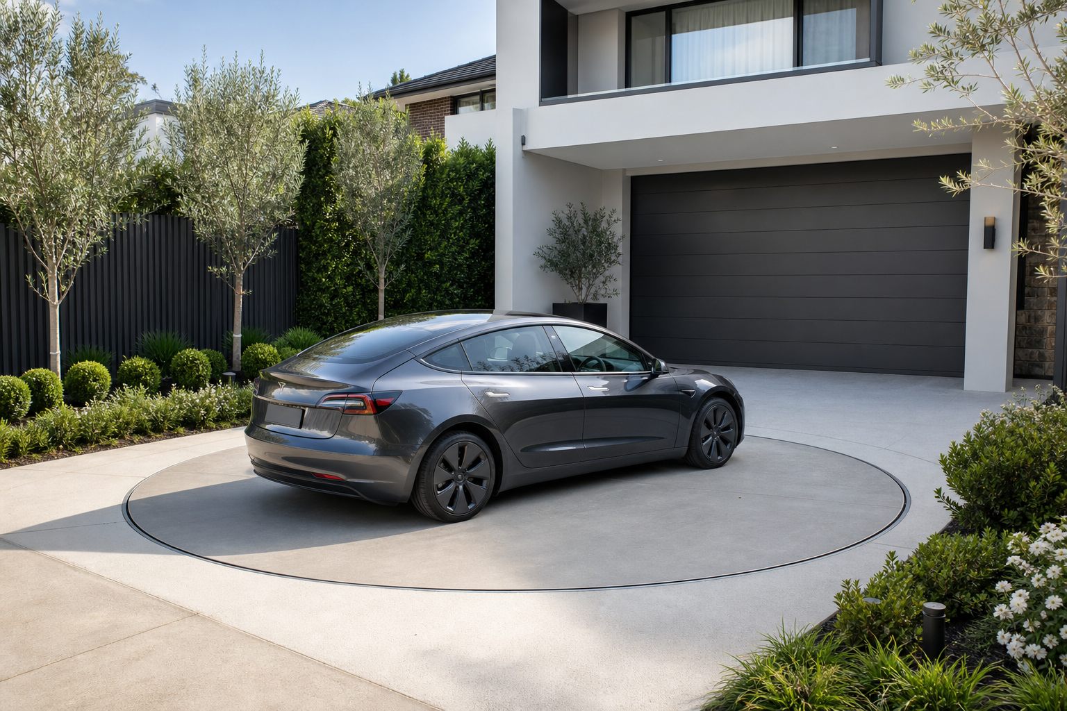 Outdoor residential driveway with a flush circular car turntable