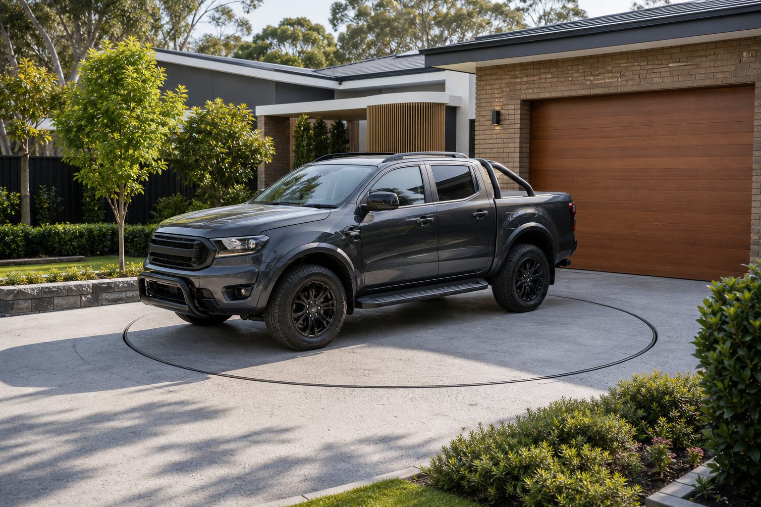 Outdoor residential driveway turntable with a modern ute